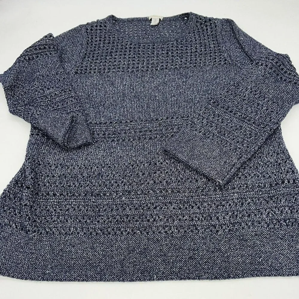 Chicos Womens Sweater Top Size 3 XL Shimmering Dark Blue Crocheted Look Sheer